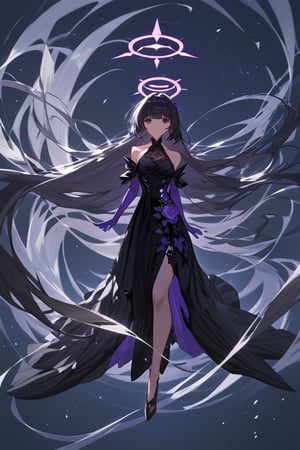 (score_9,score_8_up,score_7_up,score_6_up,score_5_up,score_4_up), detailed, anime, female, long hair, breasts, looking at viewer, bangs, black hair, dress, bare shoulders, very long hair, full body, elbow gloves, black dress, halo, large circle halo behind head, , floating, absurdly long hair, large circle behind her, halo, long hair, honkai (series), long gown, purple hands, floating above,