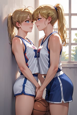  score_9_up, score_9, score_8_up, score_8, score_7, score_7_up, score_6_up, score_5_up, BREAK source_anime, 2girls, female, illustration, Beautiful eyes, detailed, extremely detailed, stunning eyes, blue eyes, blonde hair, long hair, ponytail, tomboy, basketball, against wall, kabedon, taller basketball player, biting lips, pinning cherleader to wall,