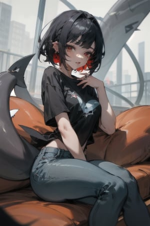 (beauty girl), (ultra-high picture quality), (masterpiece, best quality, highres:1.3), ultra resolution image, (1girl), (solo), female, ((piercings, lip peircing)), shark girl, shark tail, fins, red eyes, (spot below left eye), thick thighs, grey shark tail, black hair, sitting, college, modern clothing, jeans, t-shirt, hair reaches back, shark, selachimorph,  strong, rebellious,