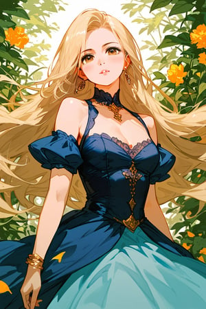 score_9_up, score_9, score_8_up, score_8, score_7, score_7_up, score_6_up, score_5_up, score_4_up, female, illustration,  beautiful, cinematic, dress, long hair, blonde hair, pale skin, brown eyes, bratty, hourglass figure, regal appearance, earrings, rich,, BREAK,source_anime,Extremely Realistic