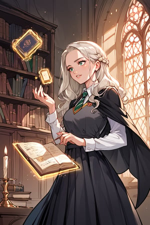 score_9_up, score_9, score_8_up, score_8, score_7, score_7_up, score_6_up, score_5_up, score_4_up, female, illustration, beautiful, cinematic, harry potter, slytherin, green and silver tie, black robes,, skirt, platinum blonde hair, long hair, beautiful female, magic, regal, perfect body, perfect appearance, BREAK,source_anime