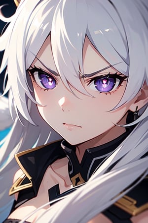 ((masterpiece)), ((best quality)), ((ultra high resolution)), kiana kaslana, white hair, long hair, wild hair, close_up, glaring, angry look, perfect eyes, perfect face, kiana kaslana, purple pupils,