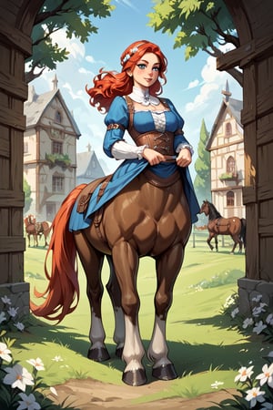 score_9_up, score_9, score_8_up, score_8, score_7, score_7_up, score_6_up, score_5_up, score_4_up, female, red hair, shire horse breed, large horse, black horse, centaur, large hooves, black centaur, white hooves, medieval,