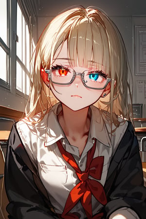 (score_9,score_8_up,score_7_up,score_6_up,score_5_up,score_4_up), anime, female, heterochromia, pale skin, blonde, glasses, sitting, school_uniform, thin silver glasses,Expressiveh,concept art,dark theme