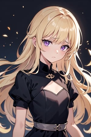 (masterpiece, best quality), (detailed), slender, purple eyes, long blonde hair, princess curls, medieval, royal, pretty, black dress, emotionless, sad, middle ages, small, cute,