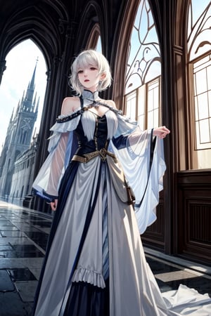 ((best quality)), ((masterpiece)), (detailed), scenery, pale skin, tomboy, (medieval), ice princess, ice, white hair, athletic, knight,