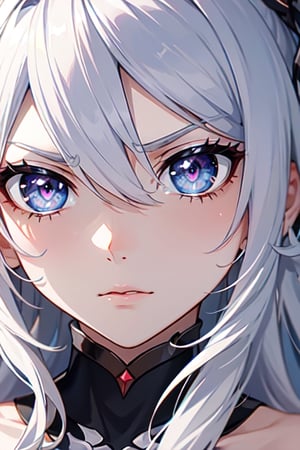 ((masterpiece)), ((best quality)), ((ultra high resolution)), anime_screencap, kiana kaslana, white hair, long hair, wild hair, close_up, pissed_off. perfect eyes, perfect face, kiana kaslana, purple pupils,blue eyes