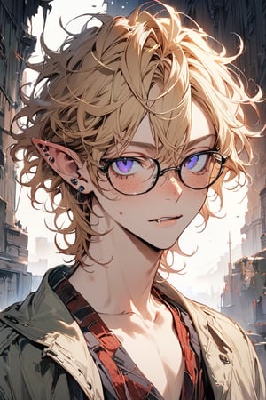 ((masterpiece)), ultra detailed, best quality, illustration, Beautiful eyes, detailed, background, stunning eyes, blonde hair, messy wavy hair, 1boy, male, nerdy, skinny, glasses, bruises, short hair, long bangs, deep blue eyes, purple eyes, vampire, pointed elven ears, freckled nose, lip ring, ear piercing, jacket,