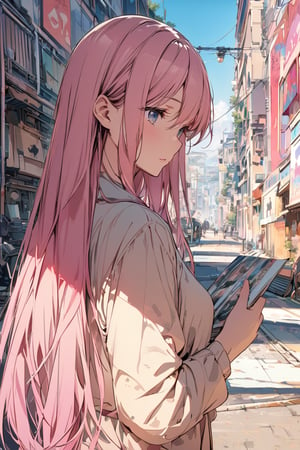 ((masterpiece)), ultra detailed, best quality, Beautiful eyes, background, scenery, manga, detailed illustration, digital_drawing, background, female, slender, digital illustration, lines, animation_art, 1girl, long hair, pink hair, eyes are a shade of pink,