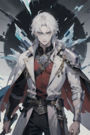 (masterpiece, best quality, highres:1.3), ultra resolution image, (1guy), (solo), male, scarred, magic, handsome, handsome, powerful figure, white hair, shoulder length hair,1guy, scarred face, clawed face, scars,Detailedface, ice blue eyes, scabbard,