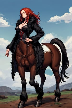 illustration, digital art, background, (masterpiece, best quality), detailed, female, red hair, shire horse, large horse, black fur, red hair, centaur, Centaur, large hooves, black centaur, white feet, large feet, battlehorse, black horse tail, black fur coat,