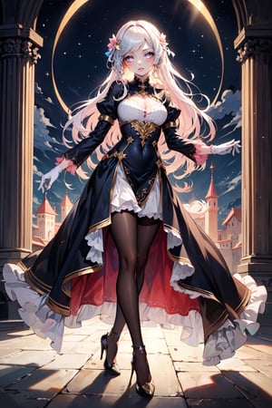 (masterpiece, best quality, highres:1.3), ultra resolution image, female, beautiful, long hair, dress, fantasy, medieval, pure white hair, slender, heels, silk white gloves, black pantyhose, princess, star,  ((Light blue and pink eyes)), starlight, glowing eyes, luminescent,