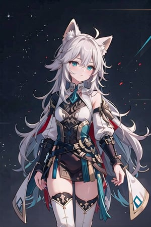 Cartoon, anime, illustration, digital art, background, (masterpiece, best quality), background, female, foxian, long hair, hair fades into blue, Foxian woman, white teal-tipped hair, pony tail, large fox ears, jing yuan(hsr), tall fox ears, fox tail, teal tipped hair, fox lady. detailed, highly detailed, slit pupils, phoenix,Fu Hua(FoV), asymmetrical gloves, asymmetrical thigh boots, multi-coloured hair, long hair, fu hua\bengluo