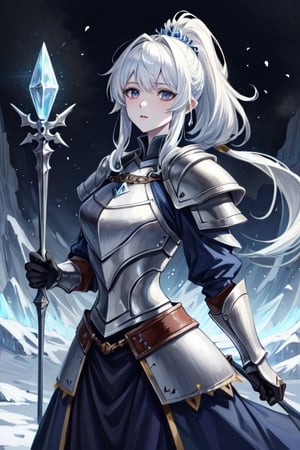 ((best quality)), ((masterpiece)), (detailed), scenery, pale skin, tomboy, (medieval), princess, ice, white hair, athletic, knight, long_ponytail, hourglass, ice magic, icemagicAI, shoulder_armour, dress, armor,