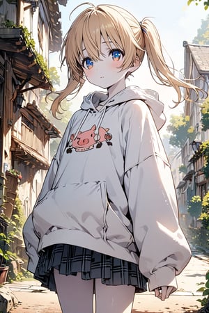 ((masterpiece)), ultra detailed, best quality, illustration, Beautiful eyes, detailed, background, scenery, stunning eyes, female, 1girl, slender, petite, pale skin, cute, blonde hair, detailed hair, pig tails, skirt, white baggy hoodie,rinrinne, school_girl,