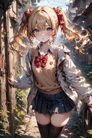 ((masterpiece)), ultra detailed, best quality, illustration, Beautiful eyes, detailed, background, scenery, stunning eyes, female, 1girl, slender, petite, creamy skin, cute, blonde hair, detailed hair, pigtails, white baggy jacket, school_girl, thighhigh socks, red bow tie, sweater vest under jacket, school_uniform, cute, long hair, bright eyes,Expressiveh