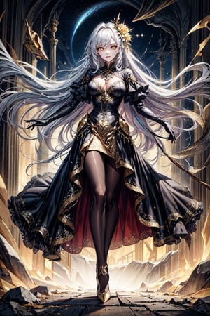 (masterpiece, best quality, highres:1.3), ultra resolution image, female, beautiful, long hair, dress, fantasy, medieval, white hair, golden eyes, young lady, slender, starlight, gold eyes, yellow eyes, heels, silk gloves, black pantyhose,Detailedface