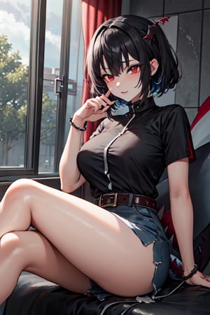 (masterpiece, best quality, highres:1.3), ultra resolution image, (1girl), (solo), female, piercing, shark girl, shark tail, fins, fish tail, (red eyes:1.3),  spot below left eye, thick thighs, grey shark tail,ellen joe, black hair, sitting, college, modern clothing,