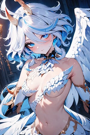 ((masterpiece)), ultra detailed, best quality, illustration, Beautiful eyes, detailed, background, stunning eyes, female, winged, white scales, crimson underbelly, horns, white hair, claws, large wings, detailed scales, anthro,furina \(genshin impact\)