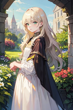 manga, anime, illustration, digital art, (masterpiece, best quality:1.2), (ultra detailed),(illustration), wallpaper, original, female, Green eyes, Wavy hair, Platinum Blonde hair, regal, queen, dress, medieval, high cheekbones, small nose, pale skin, freckles, garden,