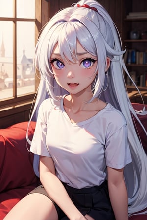 ((masterpiece)), ((best quality)), ((ultra high resolution)), white hair, long hair, free hair , purple pupils, void eyes, fantasy, medieval, fangs, cute_fang, tiny_girl, white t-shirt, perfect face, full hair, kiana kaslana,