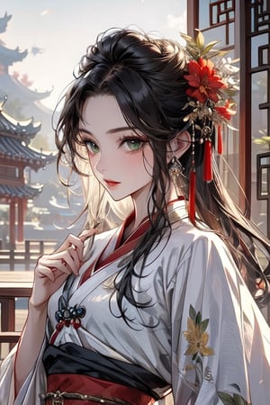 ((best quality)), ((masterpiece)), (detailed), female, slender, chinese, black hair, pale skin, green_eyes, straight_hair, beautiful, regal, chinese_clothes,  graceful,midjourney portrait, hanfu,ancient_beautiful