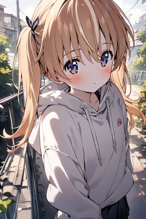 ((masterpiece)), ultra detailed, best quality, illustration, Beautiful eyes, detailed, background, scenery, stunning eyes, female, 1girl, slender, petite, pale skin, cute, blonde hair, detailed hair, pig tails, skirt, white baggy hoodie,rinrinne, school_girl,