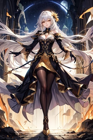 (masterpiece, best quality, highres:1.3), ultra resolution image, female, beautiful, long hair, dress, fantasy, medieval, white hair, golden eyes, young lady, slender, starlight, gold eyes, yellow eyes, heels, silk gloves, black pantyhose,