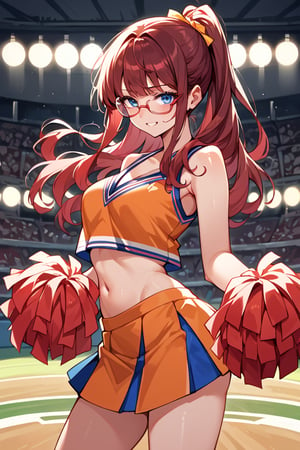 score_9_up, score_9, score_8_up, score_8, score_7, score_7_up, score_6_up, score_5_up, score_4_up, female, illustration, high contrast, low saturation, beautiful, cinematic, colourful lighting, dark red hair, red hair, glasses, petite girl, long hair, blue eyes, cheerleader, hourglass figure, high-school, straight hair, background, BREAK,source_anime