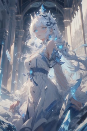 {{masterpiece}}, {{ultra detailed}}, {ultra quality}, {dramatic shadows}, {cinematic lighting}, intricate expression, ice princess, blue-white hair set in perfect princess curls. blue-white eyes, dress, athletic, button nose, slender, pale skin, creamy skin, C-cup, midjourney, icemagicAI