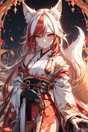 onmyoji detailed art, onmyoji portrait, onmyoji, anime art wallpaper 4 k, anime art wallpaper 4k, genshin impact, fox tails, slit pupils, glowing eyes, disciplined expression, 1girl ((kitsune)), fox girl, fox ears, petite, small breasts, multiple fox tails, kitsune tails ,((red and white hair)), fiery hair, ((multicolored hair)), long hair, (orange eyes) ((kimono)), (masterpiece), ((best quality)), good composition, (ultra-detailed), illustration, beautiful art, beautiful, scenery, fu hua, tone hair, phoenix, diamond shaped pupils,midjourney