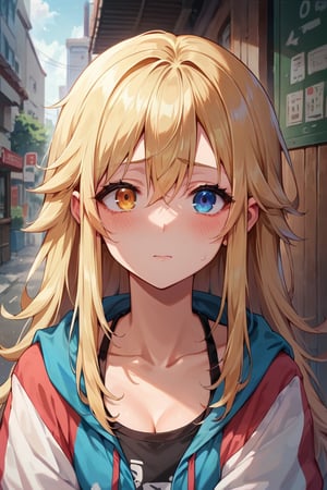 score_9, score_8_up, score_7_up, score_6_up, BREAK source_anime, female, seldner , shy girl, long blonde hair, pretty, nerdy, heterochromia, blue and amber eyes, baggy clothing, make-up, hourglass_figure, baggy hoodie, college girl, ,more detail XL