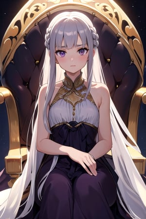 (beauty girl), (ultra-high picture quality), (masterpiece, best quality, highres:1.3), ultra resolution image, (1girl), (solo), female, Game of Thrones, purple eyes, silver-gold hair, flowing gown, slender, atheltic, delicate yet regal face with high cheekbones, a small nose,