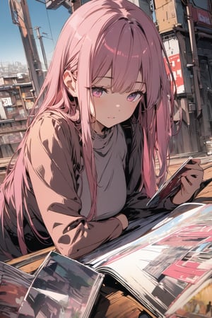 ((masterpiece)), ultra detailed, best quality, Beautiful eyes, background, scenery, manga, detailed illustration, digital_drawing, background, female, slender, digital illustration, lines, animation_art, 1girl, long hair, pink hair, pink eyes, 