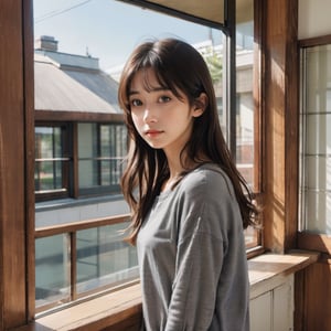 LinkGirl, 1girl, solo, window, looking at viewer, indoors, long hair, brown hair, upper body, lips, grey shirt, shirt, realistic, closed mouth, from side, bangs, looking to the side, black hair, brown eyes, day 