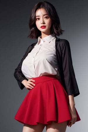 (best quality, masterpiece, ultra quality) short black hair, brown_eyes, white shirt, short red skirt, black sleeves, UHD quality