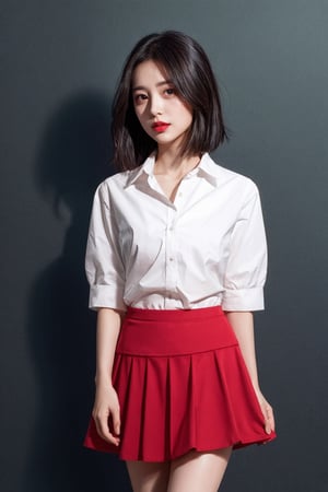 (best quality, masterpiece, ultra quality) short black hair, brown_eyes, white shirt, short red skirt, black sleeves, UHD quality