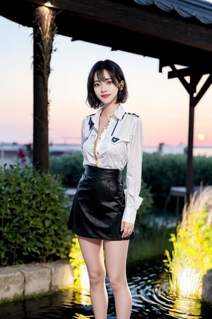 (masterpiece), best quality, high resolution, highly detailed, detailed background, perfect lighting, 1girl solo, bangs, korean girl, 20 yo, highres, solo, garden, sunset,black hair, short hair, water,eye smile,lips smile,{beautiful and detailed eyes},calm expression,slim body,medium natural breast, glamor,full_body, karina, office_uniform, short skirt, standing,
unbutton shirt,realhands,Detailedface,karinalorashy