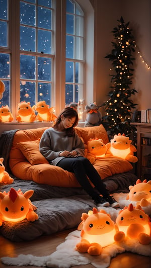 Winter style, many cute dragons, ((full body)), sleeping comfortably in the large living room, dragons (orange, white, black, black and white, black and orange), stuffed animals, string lights on the wall, windows, Cozy and cozy atmosphere, night, wonder, pixiv, happiness and enjoyment, depth of field, illuminated bokeh background.