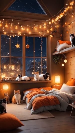 Winter style, many cute kittens (orange, white, black, black and white, black and orange), ((whole body)), sleeping comfortably in the large living room, bells, feather sticks, cat climbing frames, cat food balls, Stuffed animals, string lights on the wall, windows, cozy and cozy atmosphere, night time, wonder, pixiv, happiness and enjoyment, depth of field, illuminated bokeh background.