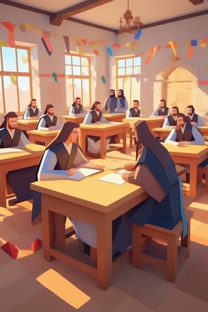 Leonardo da Vinci style, one teacher, many students in classroom, classroom with ribbons on top, low poly game art, polygonal grid, jagged, blocky, wireframe edges, centered composition