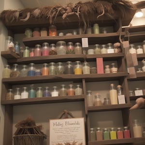 The drug store was filled with weird stuff, with jars of herbs, hay roots, and various brightly colored powders on the cabinets.

Bundles of feathers, clusters of fangs and fluffy claws hung from the ceiling.