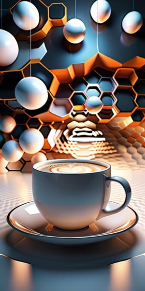 Design a highly detailed 3D wallpaper featuring floating hexagonal spheres with complex glowing patterns.
The illusion effect should create a sense of weightlessness. The cinematic light effect should make the coffee cup appear to be suspended in a high-tech, abstract expression, optical illusion, and otherworldly space.