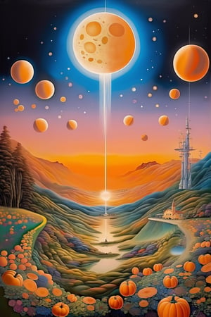 light orange garden, psychedelics, 8k, large detailed moon, halloween, album cover,detailmaster2,HellAI, painting by Salvador Dali