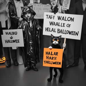 Very detailed, Halloween, anime, full body, raincoat, cat (holding a sign, protesting, shouting, opposing the war), cat (black, white, black and white, orange, black and orange, white and orange), 35 mm macro photo , professional, 4k, very detailed, photo r3al, detailmaster2
