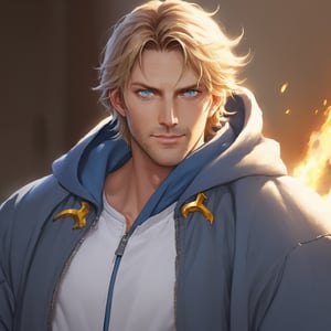 golden_hair,Face 45 degrees to the right, confident,Straight hair, Amber_eyes, Electrician_clothes, Bomber jacket, handsome_face, eyes_open, middle aged_man
, white_clothes, Light blue_cape,   holding_Warhammer,  open_eyes, perfect_eyes, five_fingers
, seductive face,Hoodie, kind_eyes, kind_smile,Windy background
