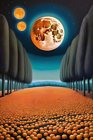 light orange garden, psychedelics, 8k, large detailed moon, halloween, album cover,detailmaster2,HellAI, painting by René Magritte