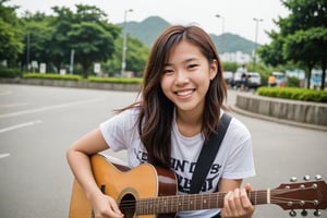 A  Taiwan-korean mixed race girl, 20-year-old, 
a rock band singer and enjoying playing guitar
and big smile 