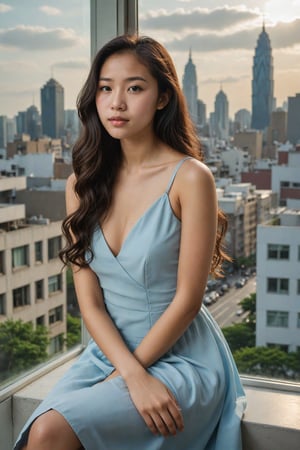 A  Taiwan-korean mixed race girl, 20-year-old, 

"Portrait of a young woman with long, wavy dark hair sitting by a window. She is wearing a light blue, sleeveless dress with a deep neckline. The background shows an urban cityscape with buildings visible through the window. The natural light illuminates her face, highlighting her calm and thoughtful expression. The overall mood is serene and reflective, capturing a peaceful moment indoors."