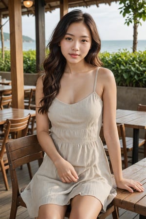 A  Taiwan-korean mixed race girl, 20-year-old, 
The photo features a young woman seated at an outdoor café. She is wearing a sleeveless, ribbed, beige dress that hugs her figure and reaches mid-thigh. The dress has thin straps and a scoop neckline. The woman has long, wavy hair and a relaxed, natural look. The background includes wooden tables, chairs, and large windows, creating a cozy, rustic atmosphere. The scene is well-lit, suggesting a sunny day.

A breezy summer dress in pastel shades, on a beach during sunset.